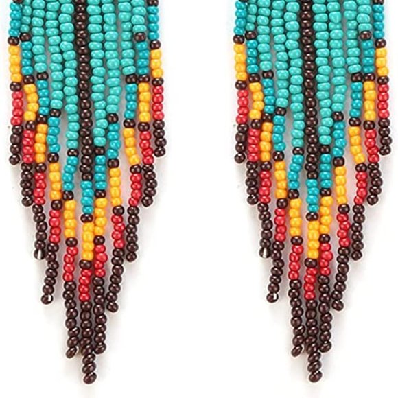 Long 5" Turquoise Red Southwestern Beaded Large Oversized Bohemian Earrings New - Picture 4 of 7